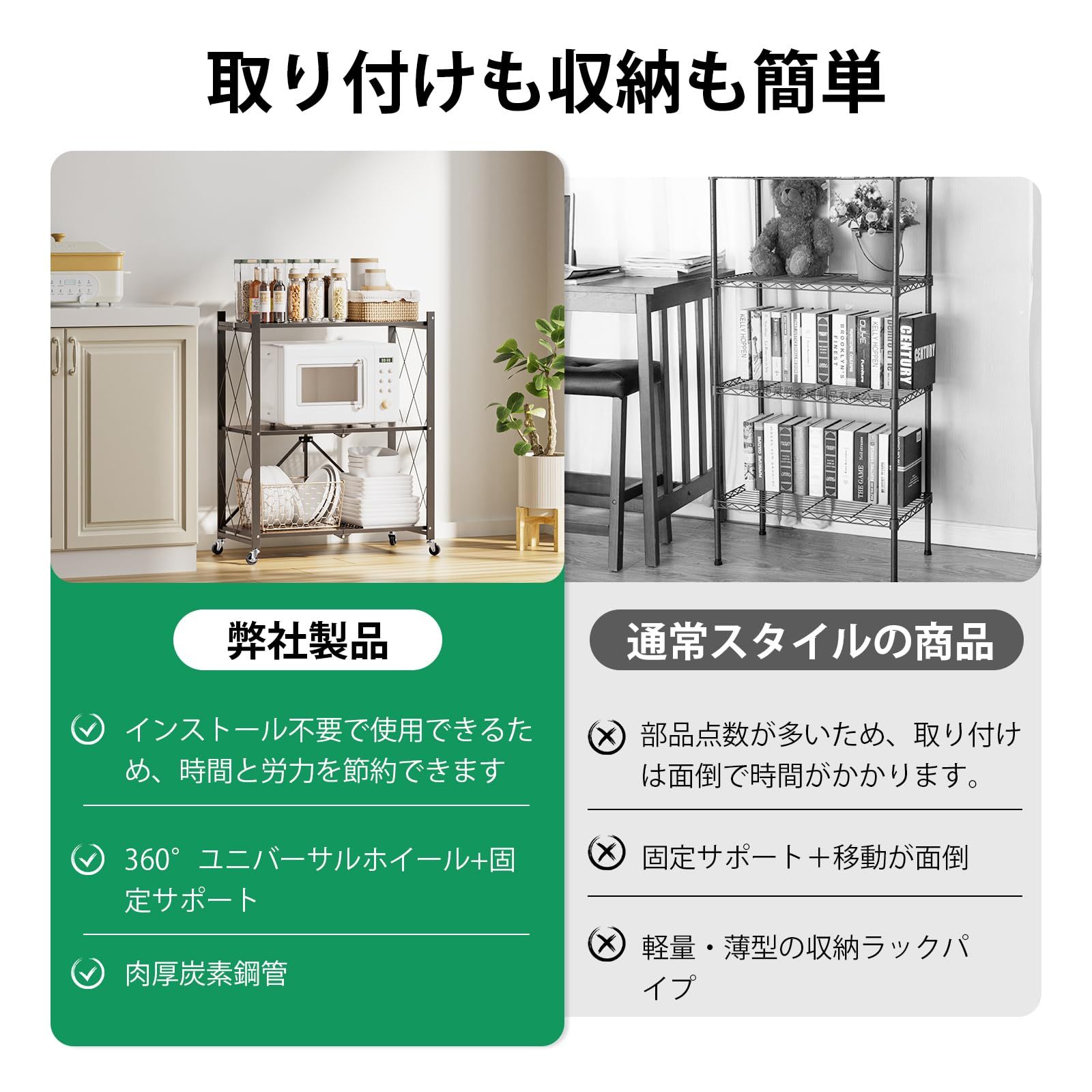 DEWEL 折り畳みラック 折りたたみ式スチールラック メタルラック 3層 幅71CM 360°キャスター付き ラック 収納ラック 収納棚 オープンラック 移動便利 防サビ加工 組立簡単 レンジ台 食器棚 寝室 書斎 応接間 幅71×奥行35×高さ87cm