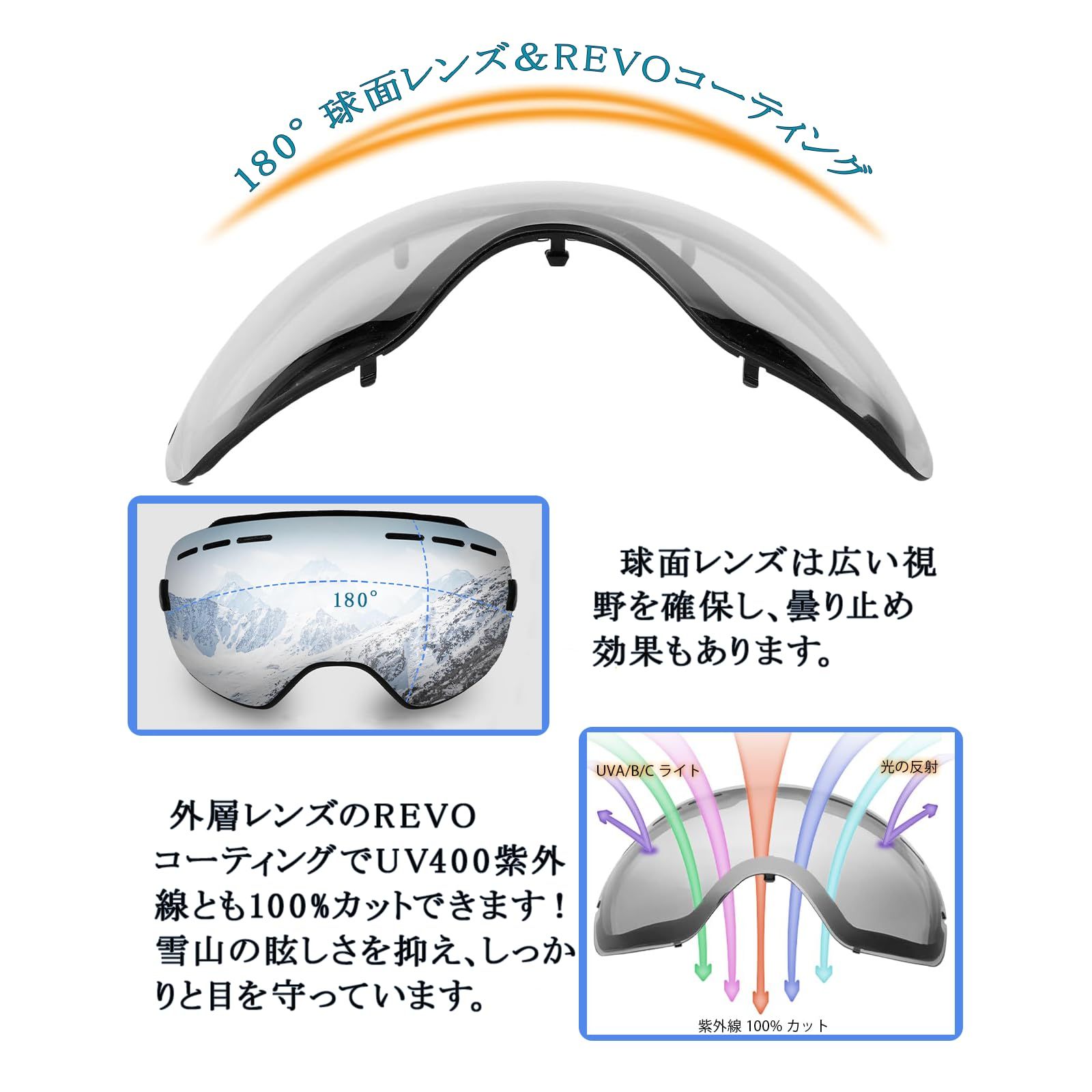 DEWEL スキーゴーグル スノーゴーグル 180°広視野 紫外線カット 通気/防風/防雪/防塵 耐衝撃 両層レンズ メガネ対応 ヘルメット対応 スノーボードゴーグル 球面ゴーグル 収納袋&収納ケース付き 男女兼用 山登り/スキー/アウトドアスポーツなどに適用