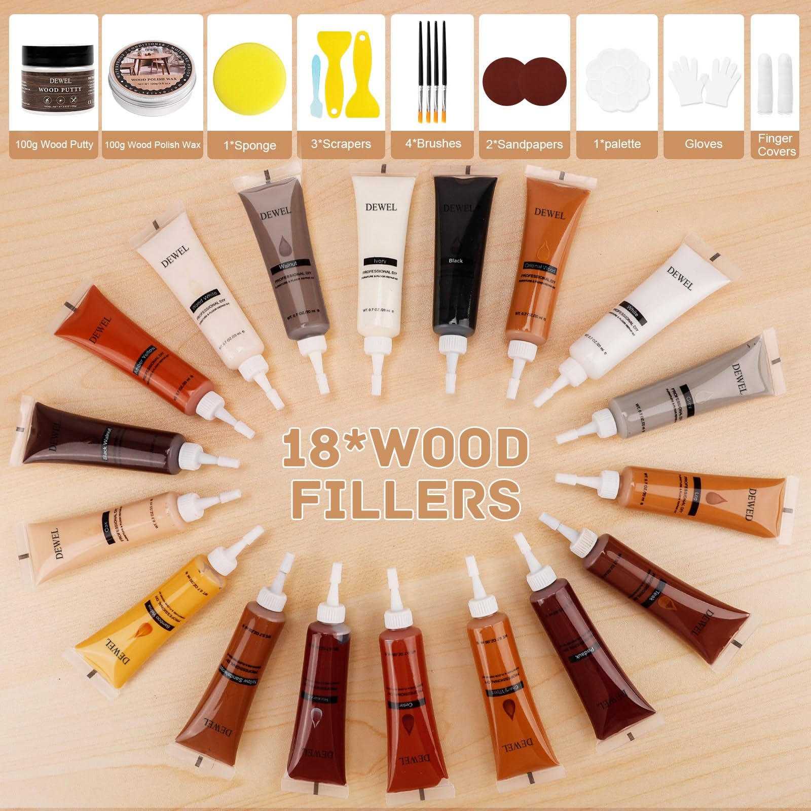 DEWEL 木製品キズ補修 キズ補修クリームキット フローリング 補修クリーム 18色入り 100g木工パテ 100g木蝋油 家具修理キット 木工 木製の家具 床 補修 キズ すりキズ用 傷消し 床補修 ドア補修 補修材 傷直し あらゆるキズの補修セット