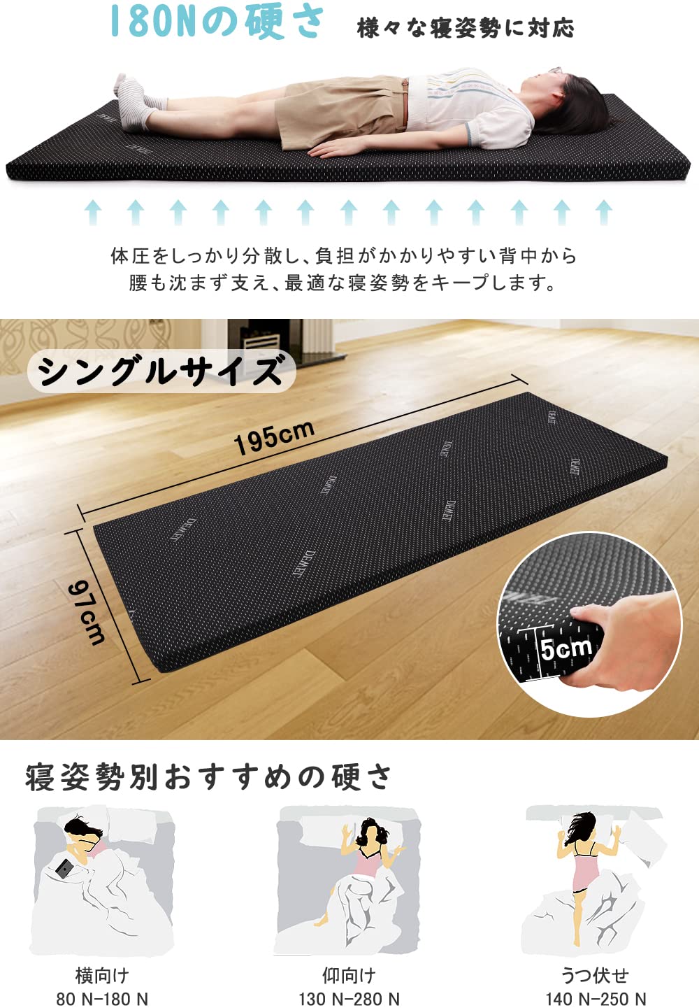 DEWEL マットレス シングル 高反発 ベッド マット 折り畳み マットレスパッド 腰痛 コンパクト 健康マットレス 腰痛 布団 マット 簡易マットレス 固め