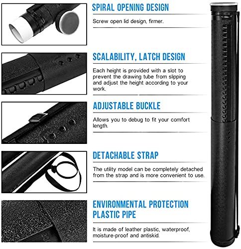 DE WEL アジャスターケース 丸筒 図面・紙面ポスターケース 21段調節 A1・B1収納可能 フリーケース プレイマット 防滴 防雨 収納 持ち運び サイズ調節可能 収納可能 (内径:7.8cm 全長:63-108cm) 蓋＆ショルダーストラップ付き 丸筒型デザインケース ブラック (ブラック)