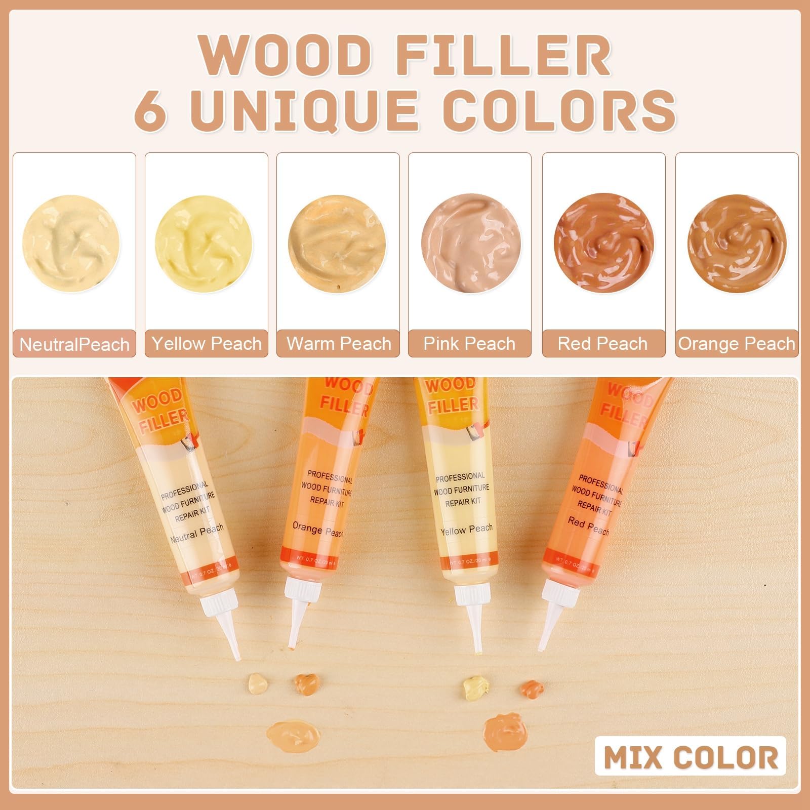 DEWEL 木製品キズ補修セット フローリング 補修 家具 補修 6色補修クリーム フローリング 補修 パテ ドア 剥がれ 補修 キズ隠し ネジ穴、ひび割れ、釘目、傷、焼灼、変色など補修 フローリング 穴埋めパテ