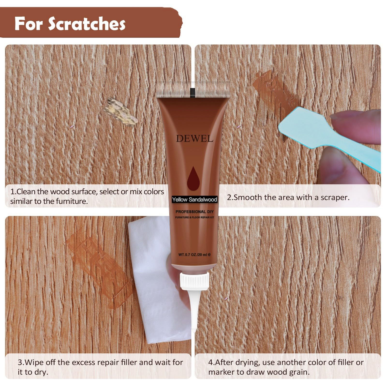 DEWEL 木製品キズ補修セット フローリング補修 フローリング 床 ドア 家具補修 キズ隠し ネジ穴、ひび割れ、釘目、傷、焼灼、変色など補修 パレット/スクレーパー/ブラシ付き