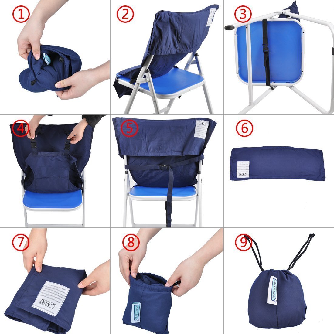 DEWEL ベビーチェアベルト 布製 コンパクトに収納 携帯便利 軽量 230g 収納ポケット付き 汚れにくい 携帯型食事 幼児旅行の安全 ベビーチェア小物 濃いブルー