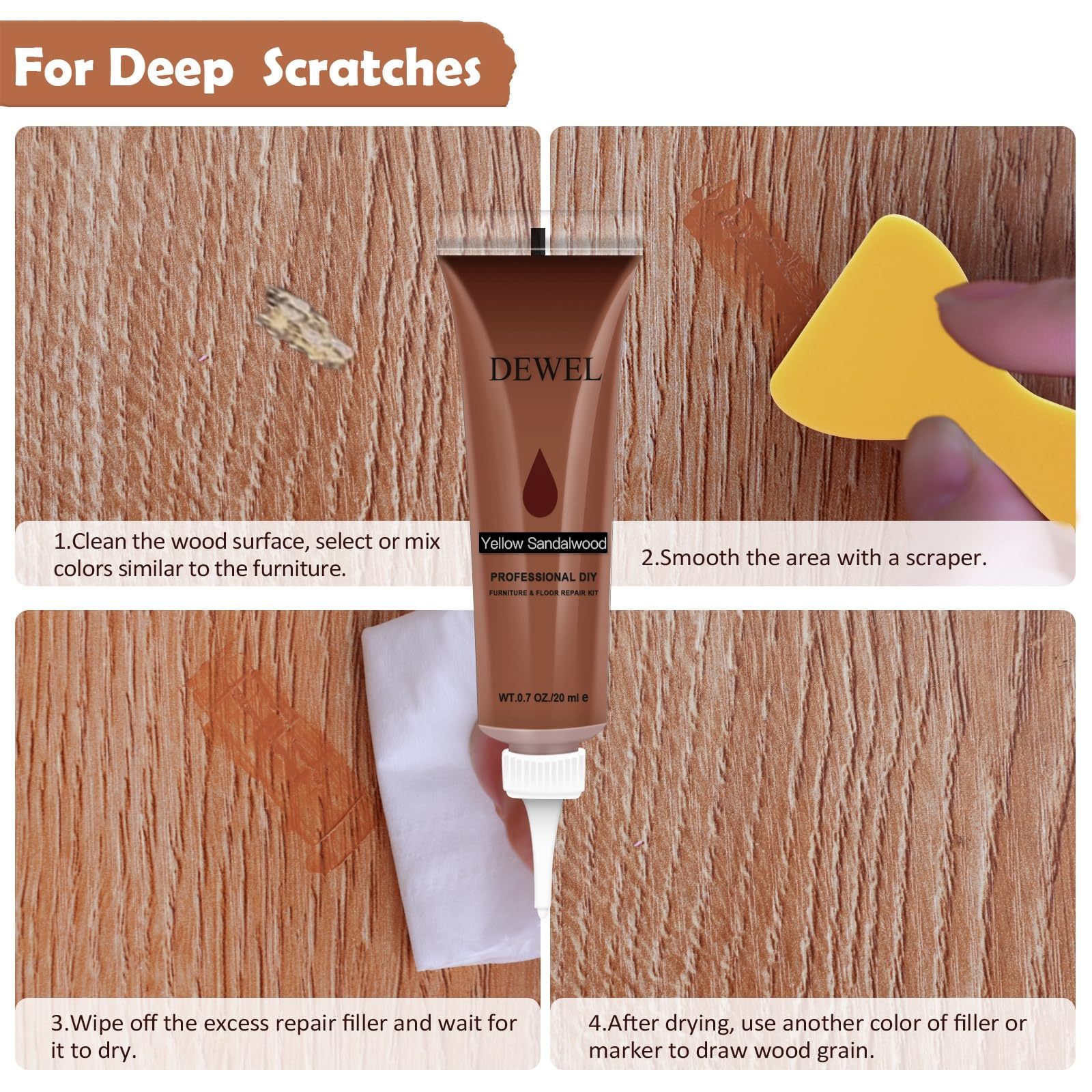 DEWEL フローリング 補修 家具 補修ペン フローリング 穴埋めパテ 木製品キズ補修セット 木工用パテ フローリング ドア 剥がれ 補修 家具補修 家具 傷隠し ペン ネジ穴、ひび割れ、釘目、傷、焼灼、変色など補修