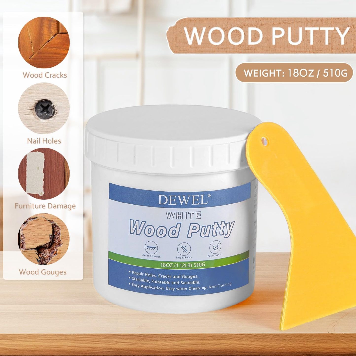 DEWEL 木工パテ 木材 パテ 穴埋めパテ パテ ウッドパテ 木材補修用パテ 補修パテ ウッドフィラーパテ 木製テーブル、戸棚、床、ドアの亀裂など補修 フローリング 補修 スクレーパー付き サンドペーパー付き 手袋付き ホワイト