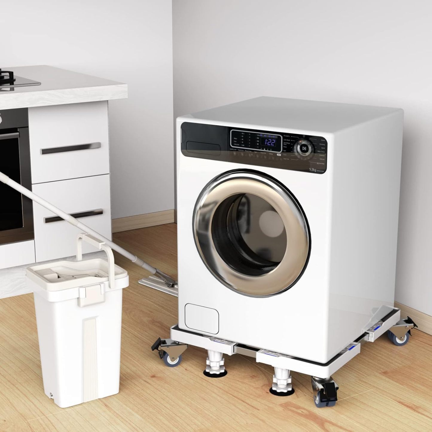 洗濯機 台 DEWEL ねじ作業不要 冷蔵庫 キャスター付き置き台 洗濯機パン サイズ調整可能 幅/奥行き:54.5～70.5cm 耐荷重:500kg 伸縮式 目盛り付き 排水パン ドラム式 全自動対応 3重振動異音防止