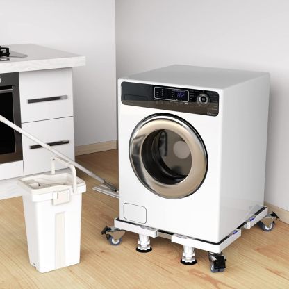 洗濯機 台 DEWEL ねじ作業不要 冷蔵庫 キャスター付き置き台 洗濯機パン サイズ調整可能 幅/奥行き:54.5～70.5cm 耐荷重:500kg 伸縮式 目盛り付き 排水パン ドラム式 全自動対応 3重振動異音防止