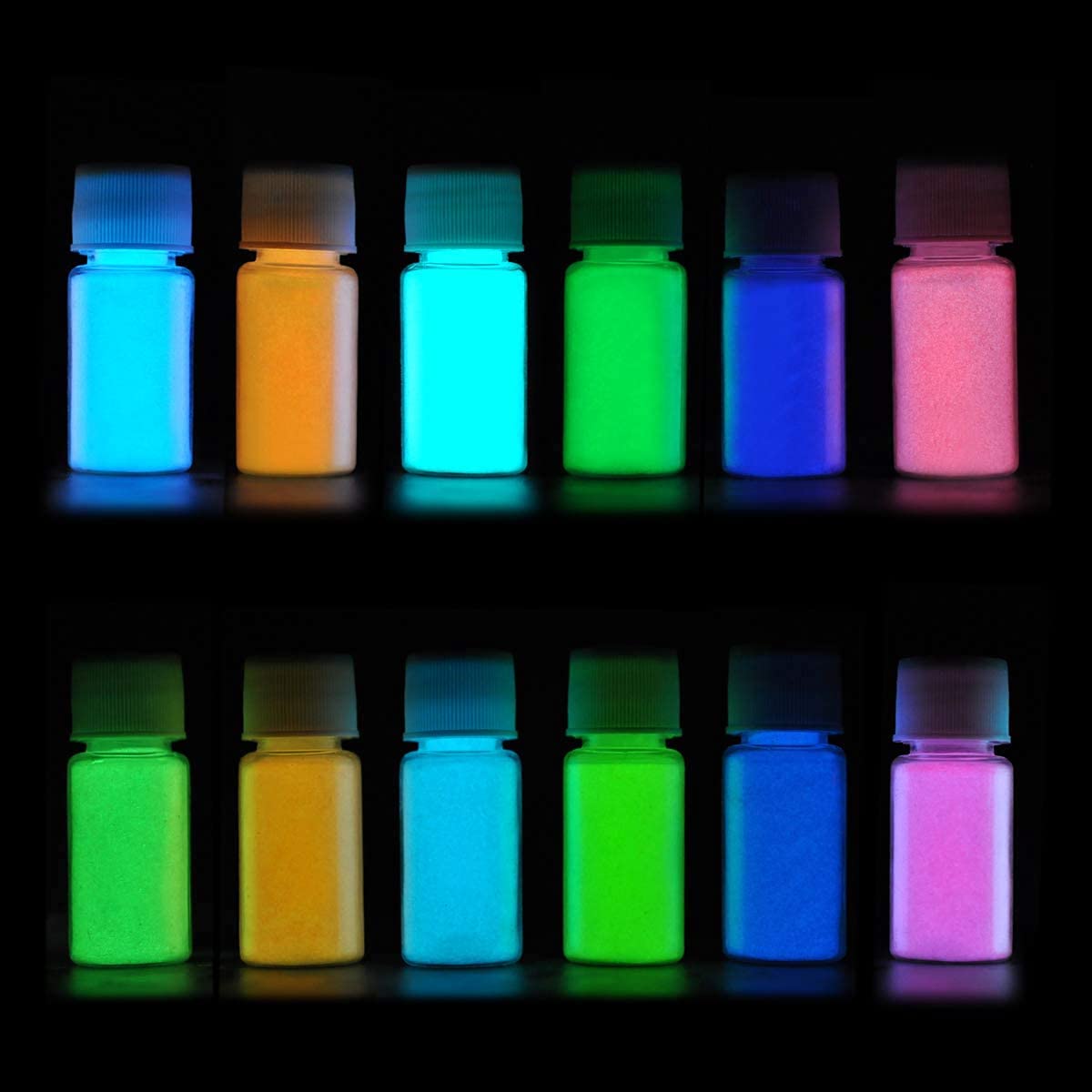 夜光パウダー 20g 12色セット蓄光パウダー カラー塗料 高輝度 長時間 暗闇とUVブラックライトで光る スライムパウダー DIY マイカパウダー接着剤顔料 浴用天然粉末 顔料
