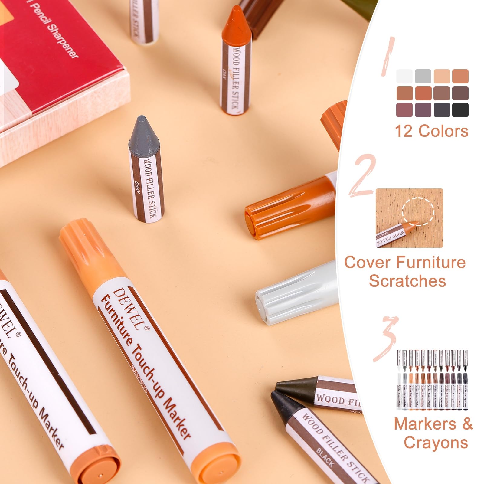 DEWEL 木製品補修セット 12色の補修ペンと補修棒 ウッドフィラー 木製品キズ補修 家具補修マーカー ウッドマーカー 家具磨き 傷修復＆修理タッチアップキット あらゆる木材に使用 木の表面でも簡単に復元 傷消し 補修材 ウッドステインペン