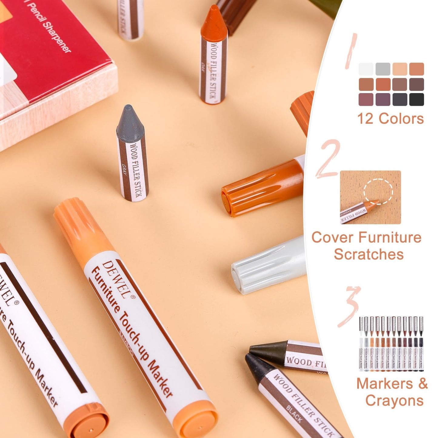 DEWEL 木製品補修セット 12色の補修ペンと補修棒 ウッドフィラー 木製品キズ補修 家具補修マーカー ウッドマーカー 家具磨き 傷修復＆修理タッチアップキット あらゆる木材に使用 木の表面でも簡単に復元 傷消し 補修材 ウッドステインペン