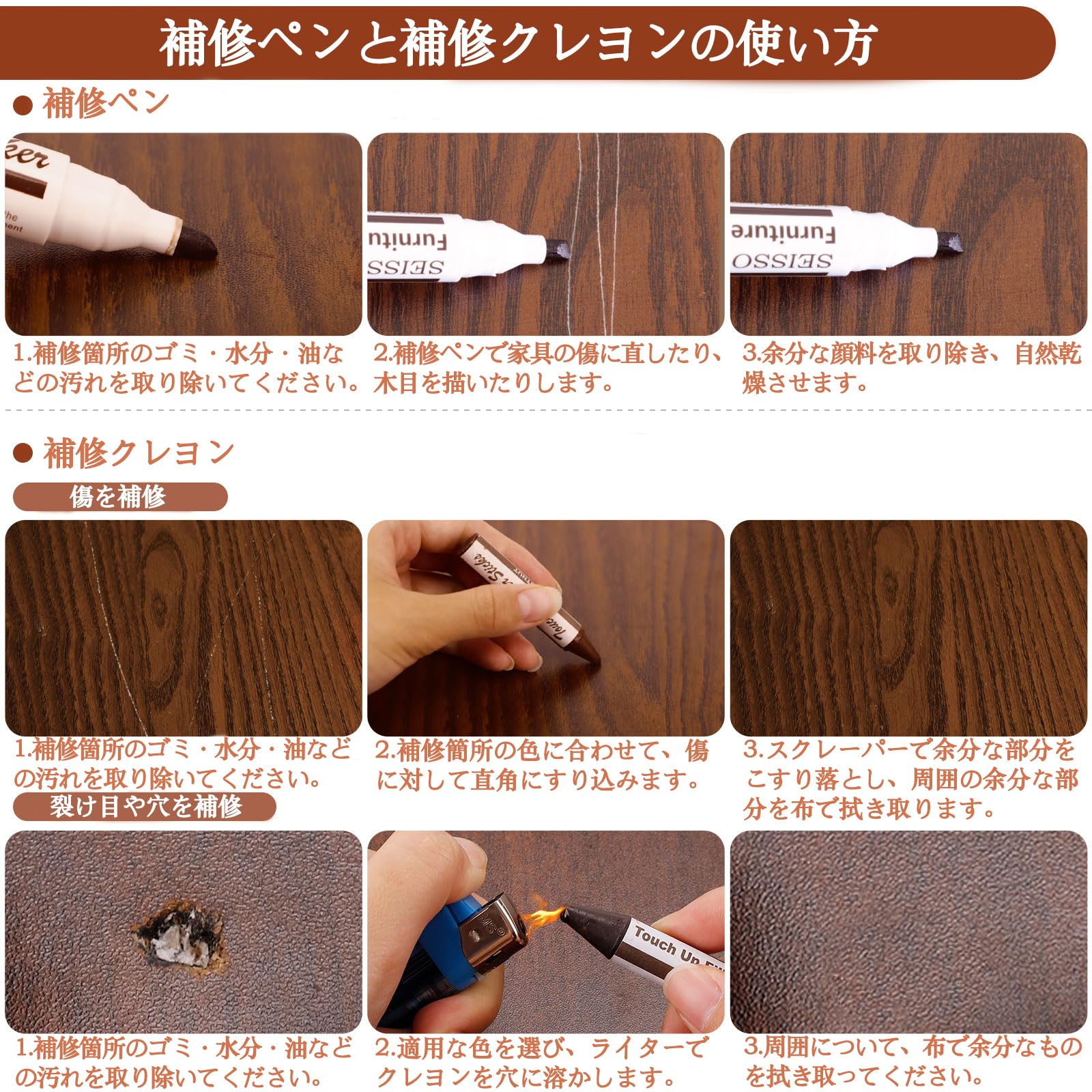 DEWEL 木製品キズ補修セット 家具補修マーカー 18色補修ペン18色補修棒 フローリング 床 ドア 家具補修 キズ隠し ひび割れ、傷、焼灼、変色など補修 家具の傷、汚れ用 木製品キズ補修 家具磨き 傷修復＆修理タッチアップキット あらゆる木材に使用 木の表面でも簡単に復元 補修材 ウッドステインペン 鉛筆削り付き