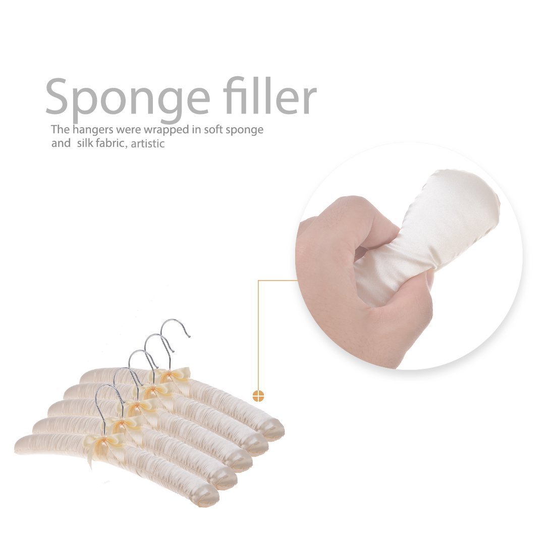 DEWEL スポンジハンガー サテンハンガー 布ハンガー 布製 シルク リボン付き ふっくらハンガー 衣類収納 たんす用 クローゼット ディスプレイ用 ホテルアメニティ 家庭用 客間 ５本セット (ベージュ)