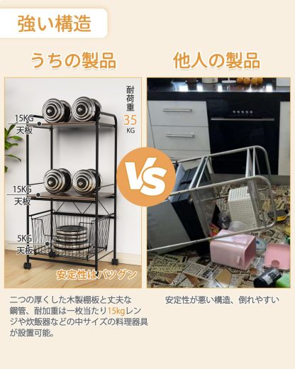 レンジ台 キッチン棚 レンジラック キッチン収納 ラック 物置ラック 幅50cm 2段棚+1バスケット キャスター付き 移動・掃除便利 簡単組立 （ブラック） DEWEL