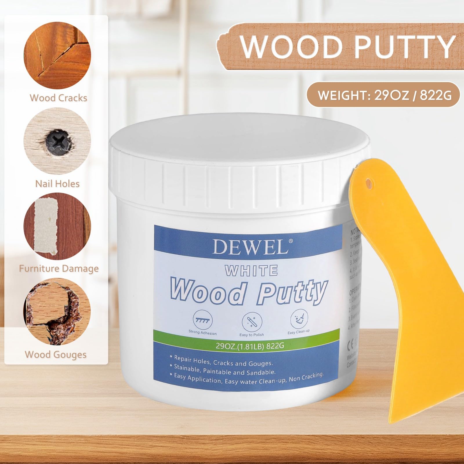 DEWEL 木工パテ 木材 パテ 穴埋めパテ パテ 800g ウッドパテ 木材補修用パテ 補修パテ ウッドフィラーパテ 木製テーブル、戸棚、床、ドアの亀裂など補修 フローリング 補修 スクレーパー付き サンドペーパー付き 手袋付き ホワイト