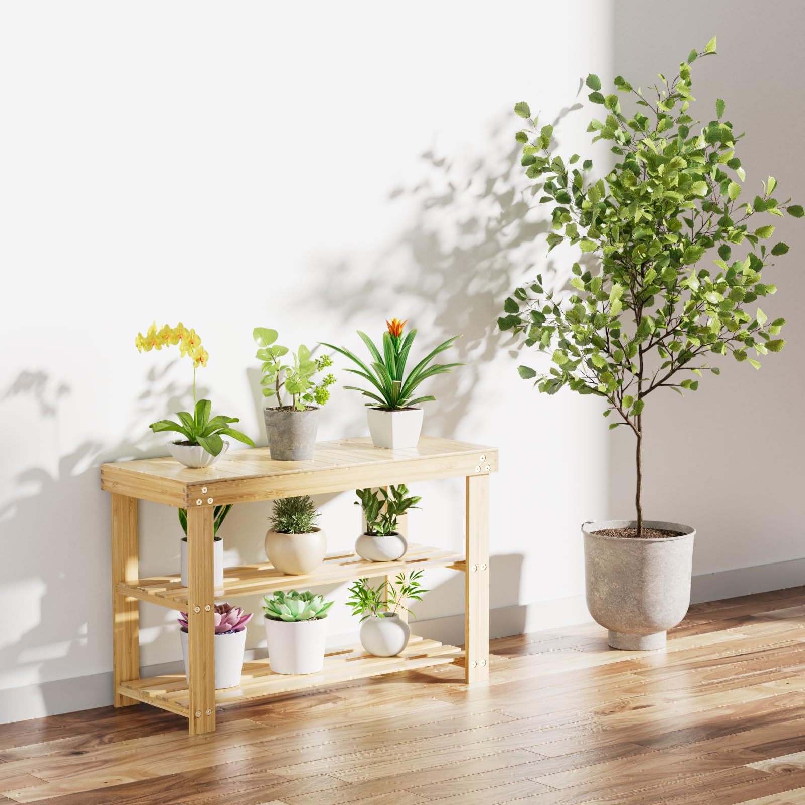 DEWEL 玄関ベンチ 履き替えベンチ シューズラック 竹製 ２段 幅70cm×奥行き28cm×高さ44.8cm 組立簡単 靴履きベンチ 靴ラック 省スペース玄関 玄関に靴を効率収納 玄関椅子 物置棚 ラックベンチ 木製ベンチ 靴箱 収納 室内 靴棚 靴入れ フットスツール 木色 玄関ベンチ 収納