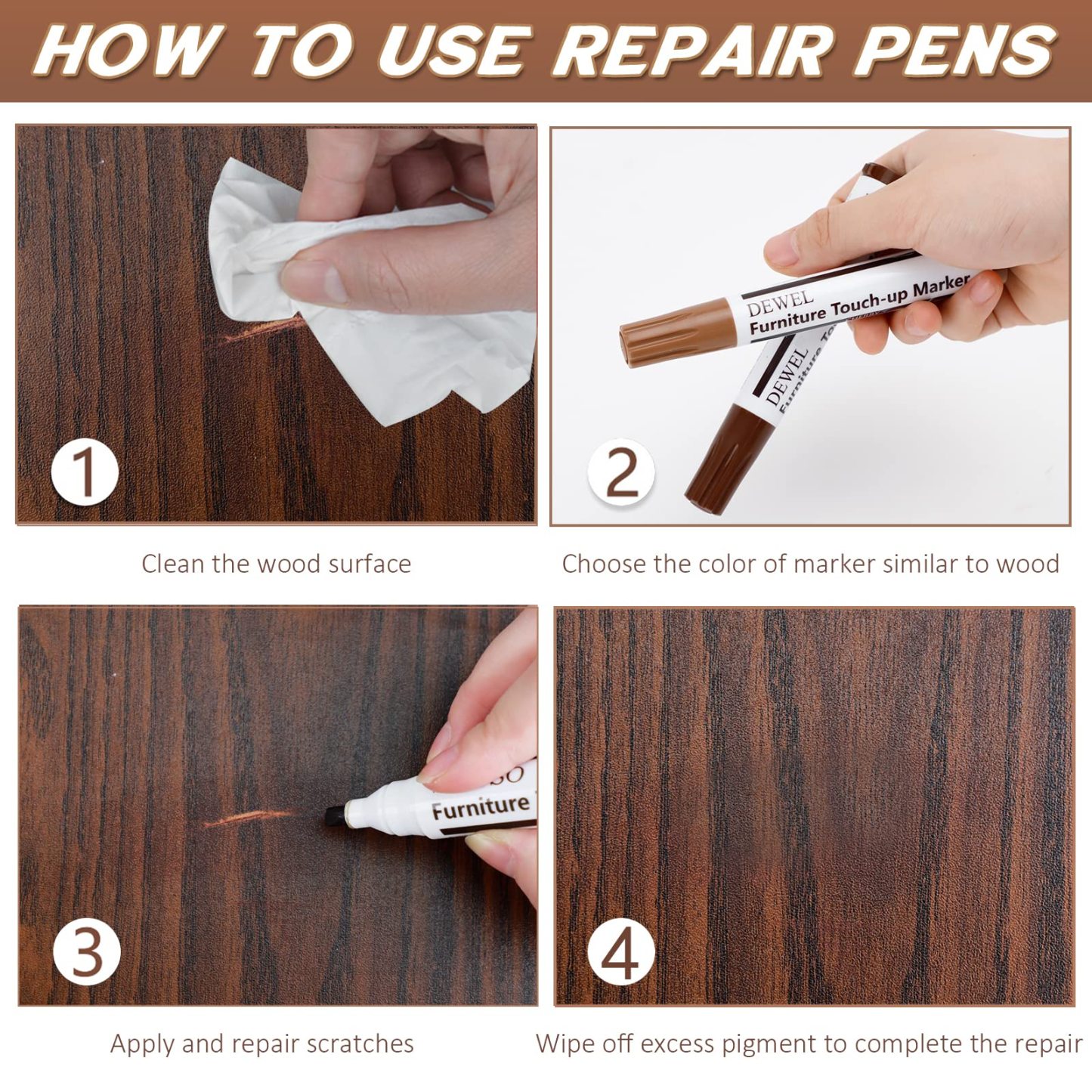 DEWEL 木製品キズ補修セット フローリング補修 家具補修 12色補修ペン フローリング 床 ドア キズ隠し ネジ穴、ひび割れ、釘目、傷、焼灼、変色など補修 木製家具補修