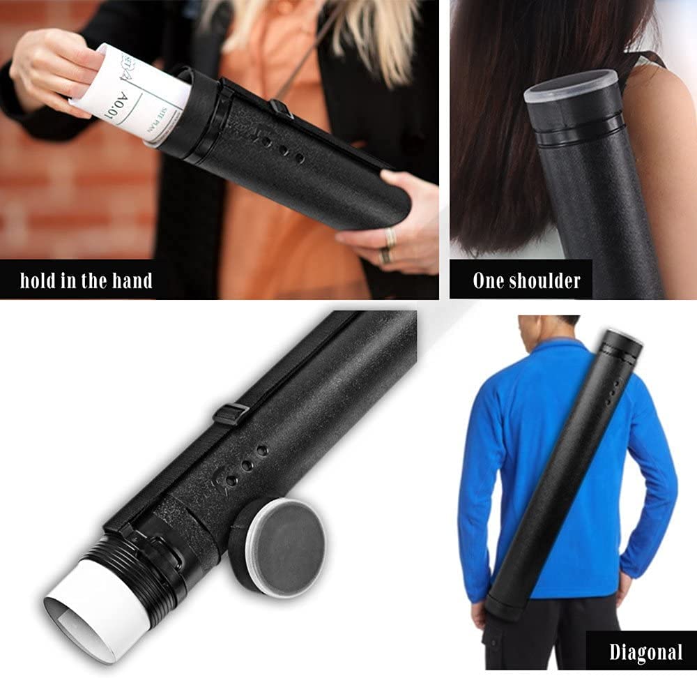 DE WEL アジャスターケース 丸筒 図面・紙面ポスターケース 21段調節 A1・B1収納可能 フリーケース プレイマット 防滴 防雨 収納 持ち運び サイズ調節可能 収納可能 (内径:7.8cm 全長:63-108cm) 蓋＆ショルダーストラップ付き 丸筒型デザインケース ブラック (ブラック)