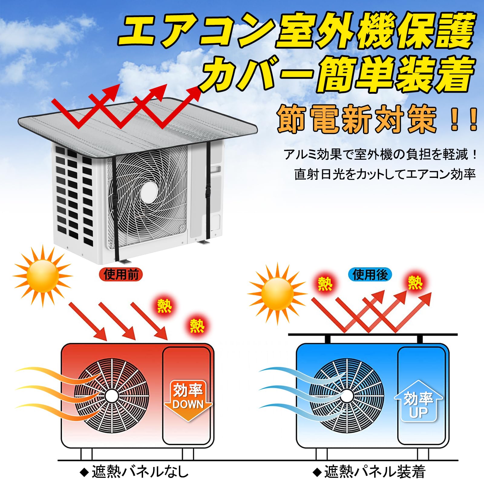 DEWEL エアコン室外機遮熱シート エアコン室外機カバー 室外機パネル 日よけパネル ハイグレード エアコン アルミフィルム 日よけ 日除け 遮熱保護 雨よけ 汚れ対策 防水 節電 断熱 取り付け簡単 3層の空気層 緩衝材 0.7cm 厚手設計 パネル 省エネ 節電 固定ベルト付 クーラー シルバー 室外機の故障 (102*50cm)