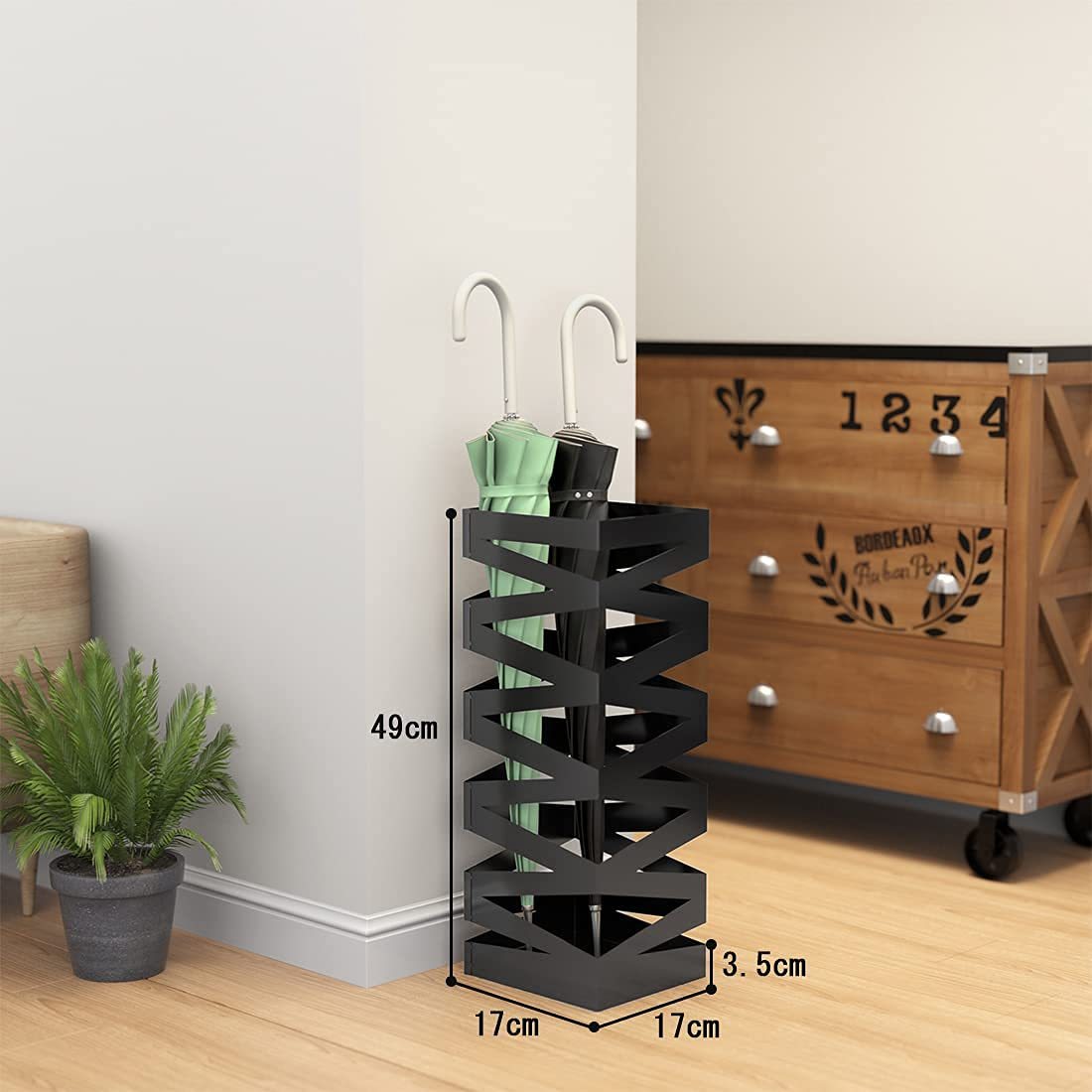 傘立て かさたて アンブレラスタンド おしゃれ スリム 傘入れ かさラック 傘/靴ベラ収納 レインラック シンプル 傘置き 玄関収納 倒れにくい 錆止め コンパクト ブラック 幅17x奥行き17x高さ49cm