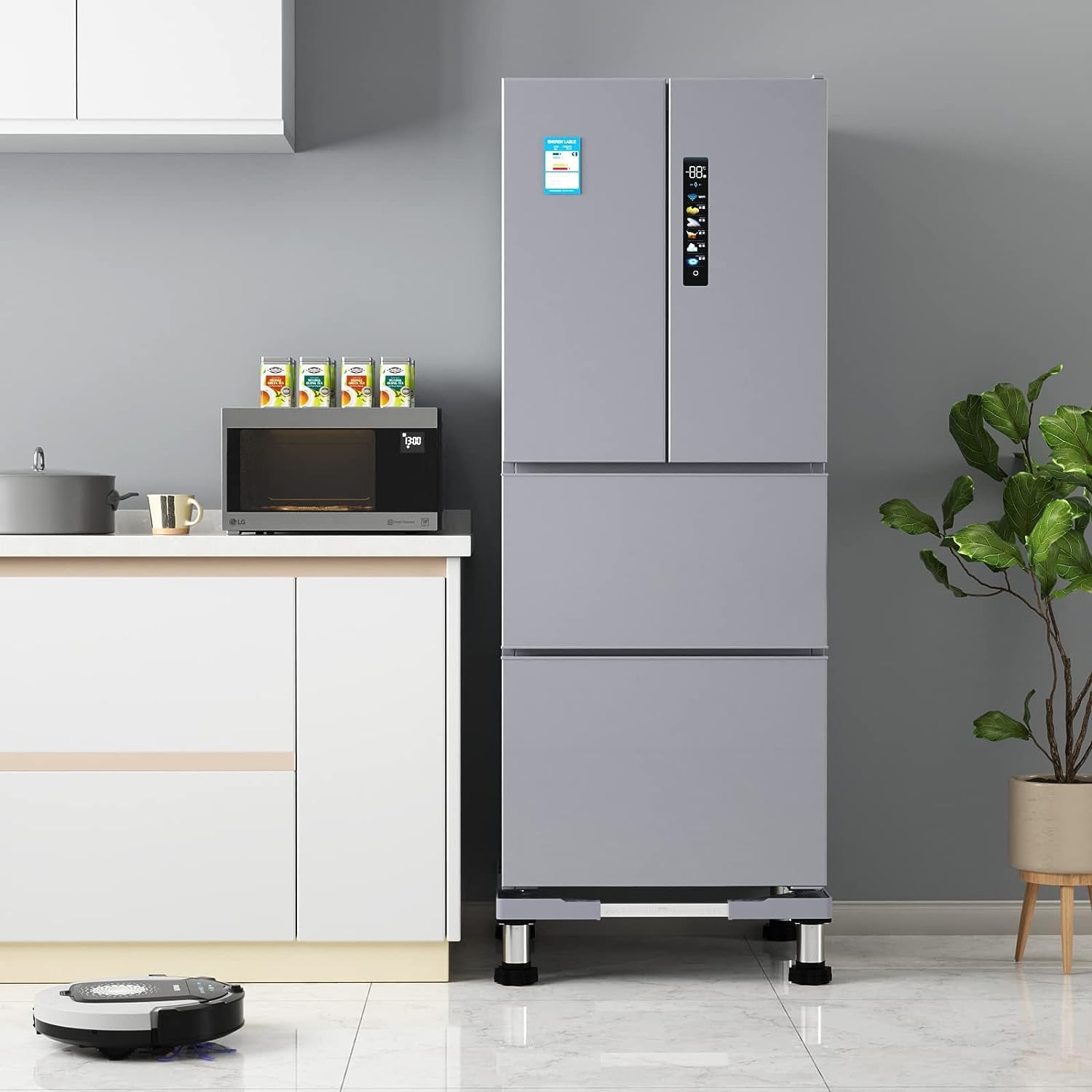 DEWEL かさ上げ 台 洗濯機 台 冷蔵庫置き台 18~21CM高度調節 ステインレス製 防振パッド付き 増大増高ジャッキ付き 耐荷重約500kg 伸縮式 幅奥行 44.5～68cm 昇降可能置き台 減音防振 グレー