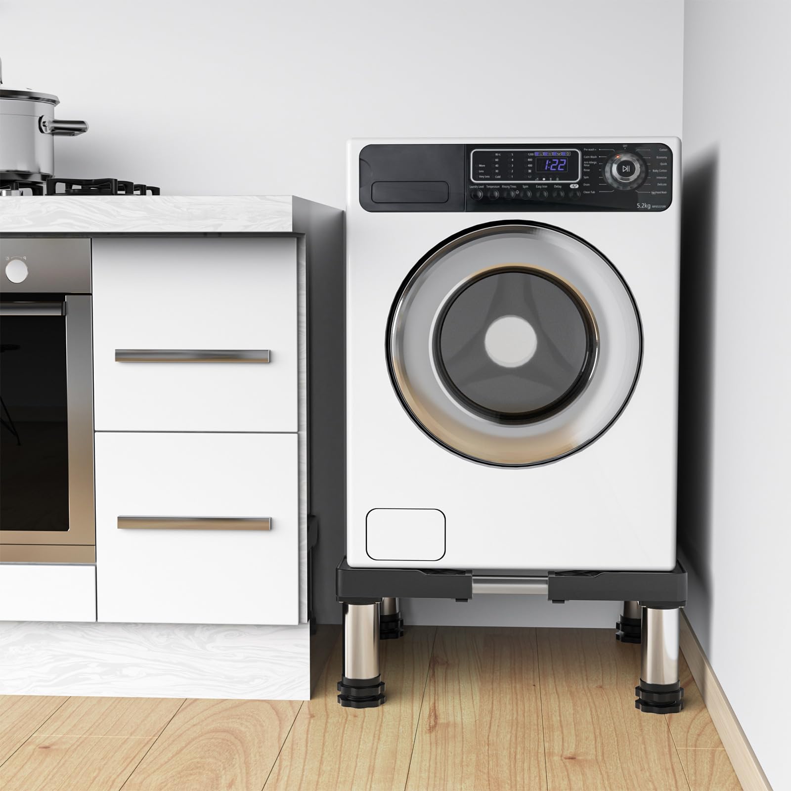 冷蔵庫 置き台 4足 超大サイズ 大きなサイズ対応 DEWEL かさ上げ台 伸縮式 高さ調整 縦型ドラム式洗濯機にも対応 騒音対策 異音振動軽減 防振パッド 3年保証