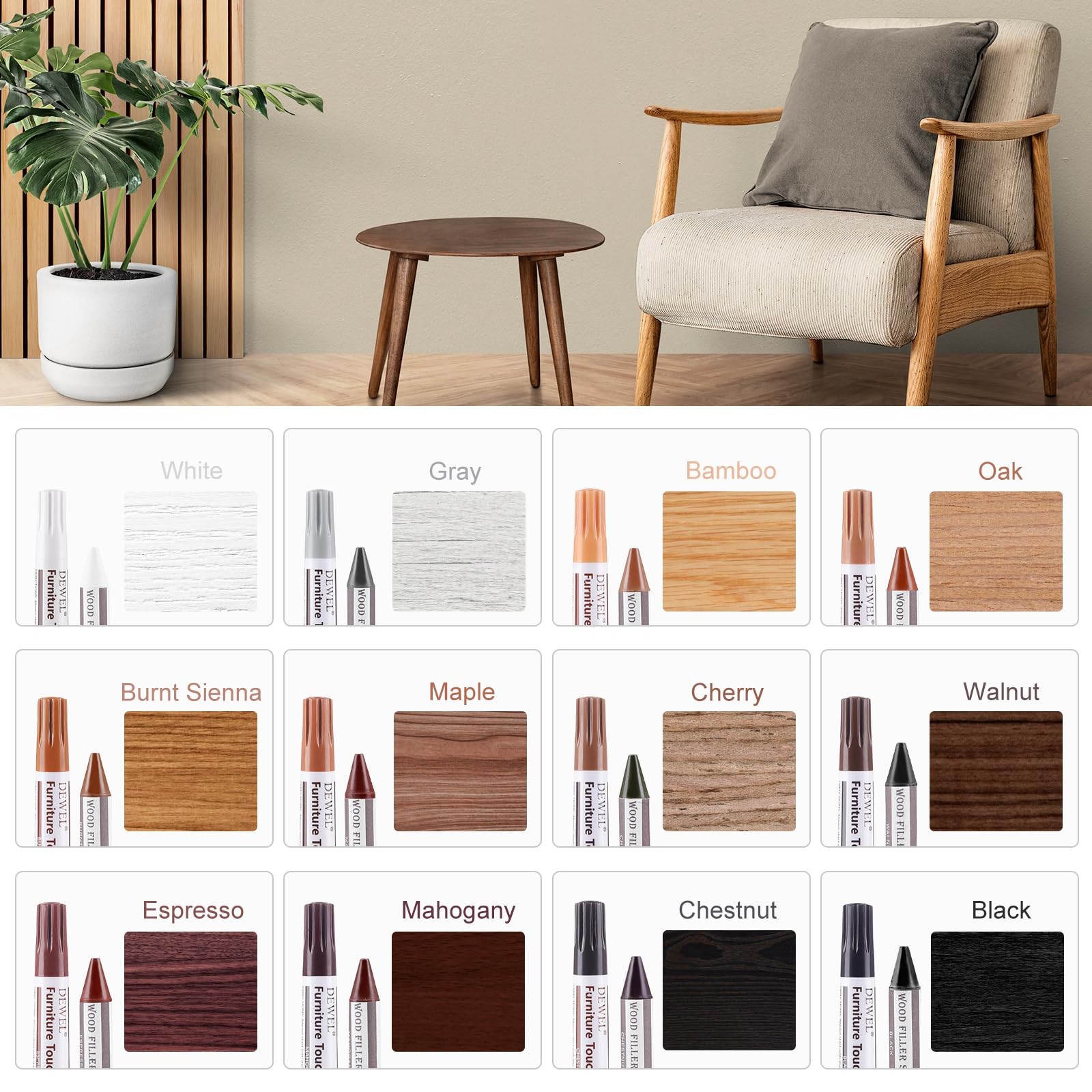 DEWEL 木製品補修セット 12色の補修ペンと補修棒 ウッドフィラー 木製品キズ補修 家具補修マーカー ウッドマーカー 家具磨き 傷修復＆修理タッチアップキット あらゆる木材に使用 木の表面でも簡単に復元 傷消し 補修材 ウッドステインペン