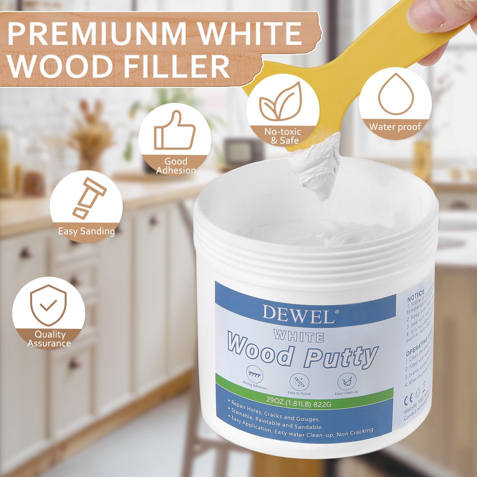 DEWEL 木工パテ 木材 パテ 穴埋めパテ パテ 800g ウッドパテ 木材補修用パテ 補修パテ ウッドフィラーパテ 木製テーブル、戸棚、床、ドアの亀裂など補修 フローリング 補修 スクレーパー付き サンドペーパー付き 手袋付き ホワイト