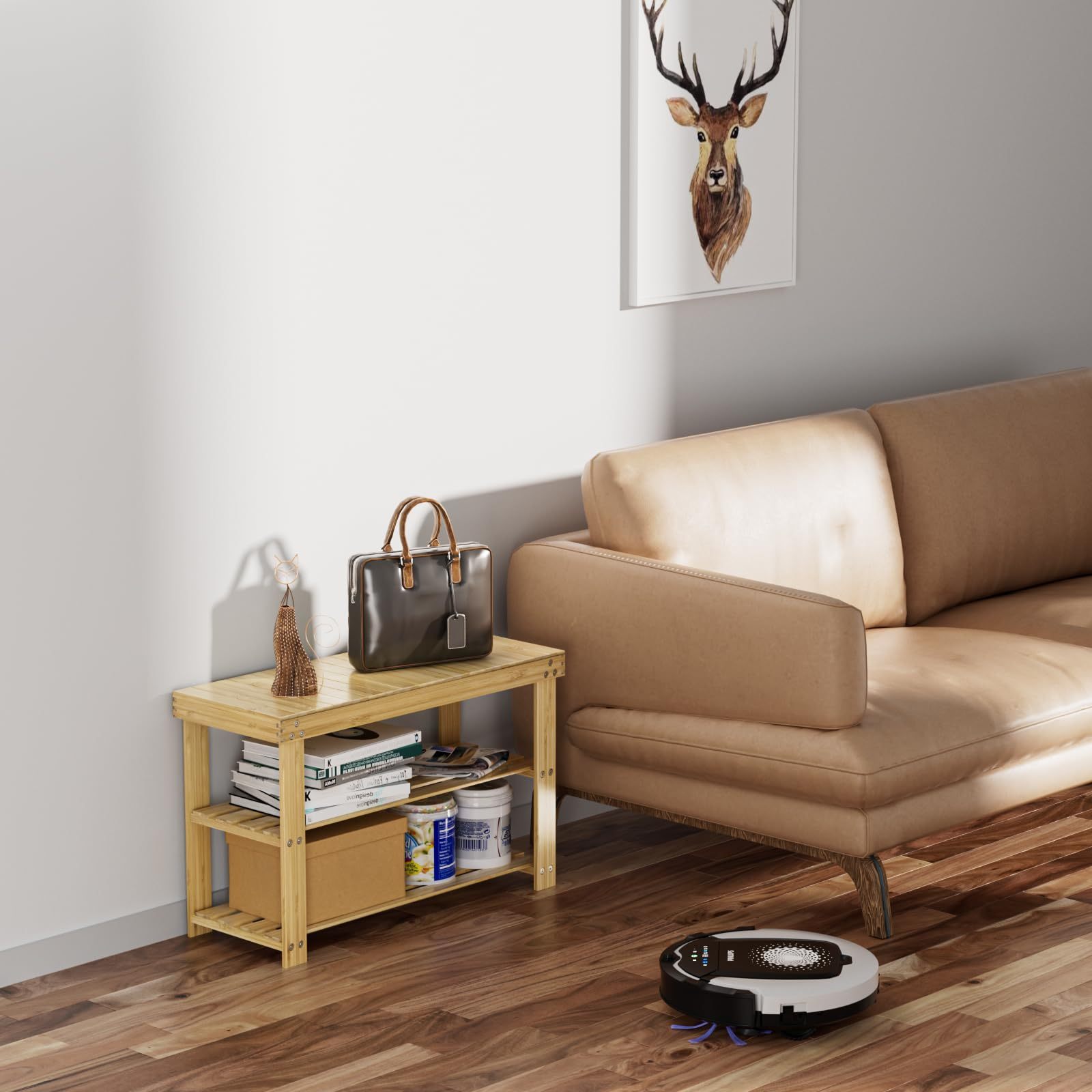 DEWEL 玄関ベンチ 履き替えベンチ シューズラック 竹製 ２段 幅70cm×奥行き28cm×高さ44.8cm 組立簡単 靴履きベンチ 靴ラック 省スペース玄関 玄関に靴を効率収納 玄関椅子 物置棚 ラックベンチ 木製ベンチ 靴箱 収納 室内 靴棚 靴入れ フットスツール 木色 玄関ベンチ 収納