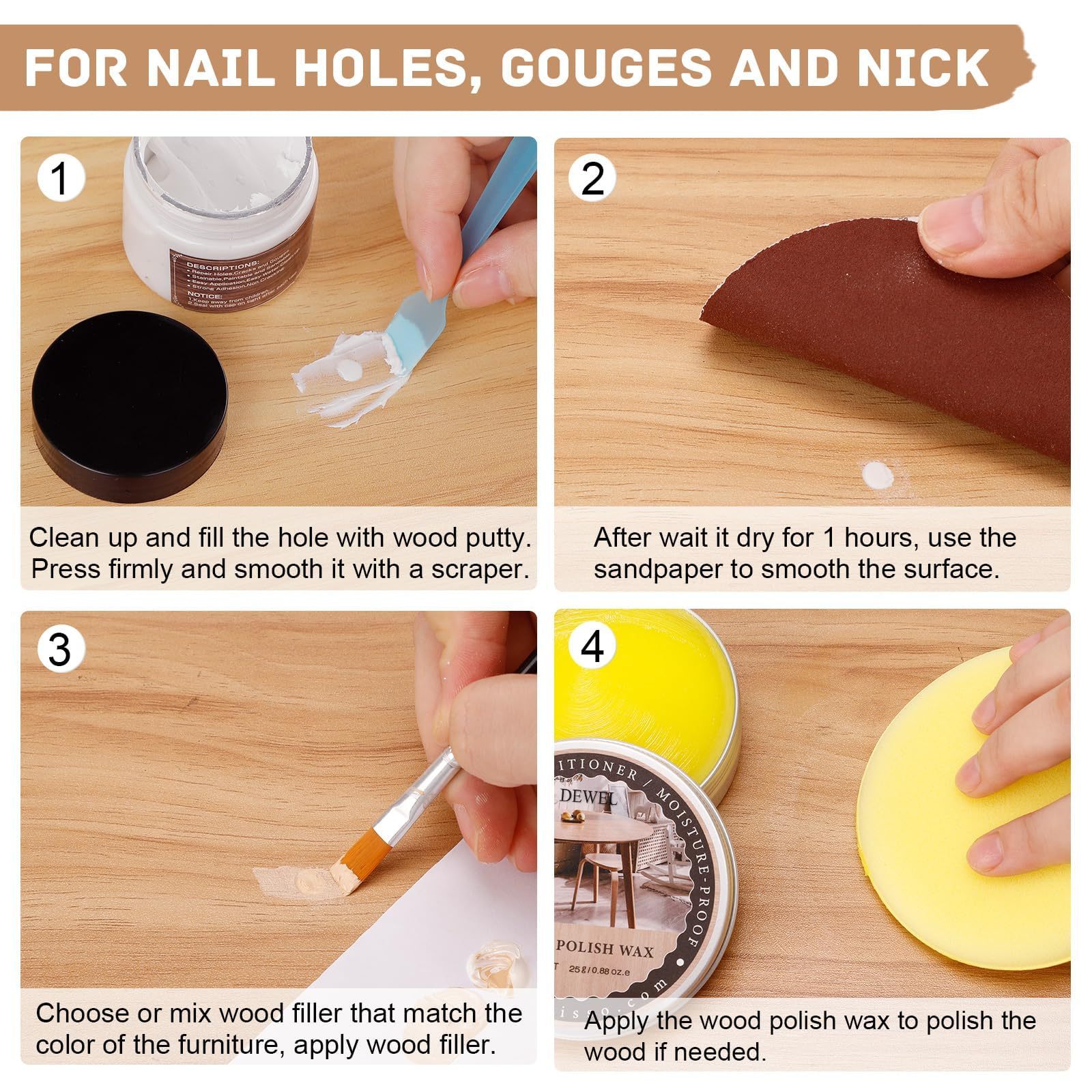 DEWEL 木製品キズ補修セット フローリング 補修 家具 補修 6色補修クリーム フローリング 補修 パテ ドア 剥がれ 補修 キズ隠し ネジ穴、ひび割れ、釘目、傷、焼灼、変色など補修 フローリング 穴埋めパテ