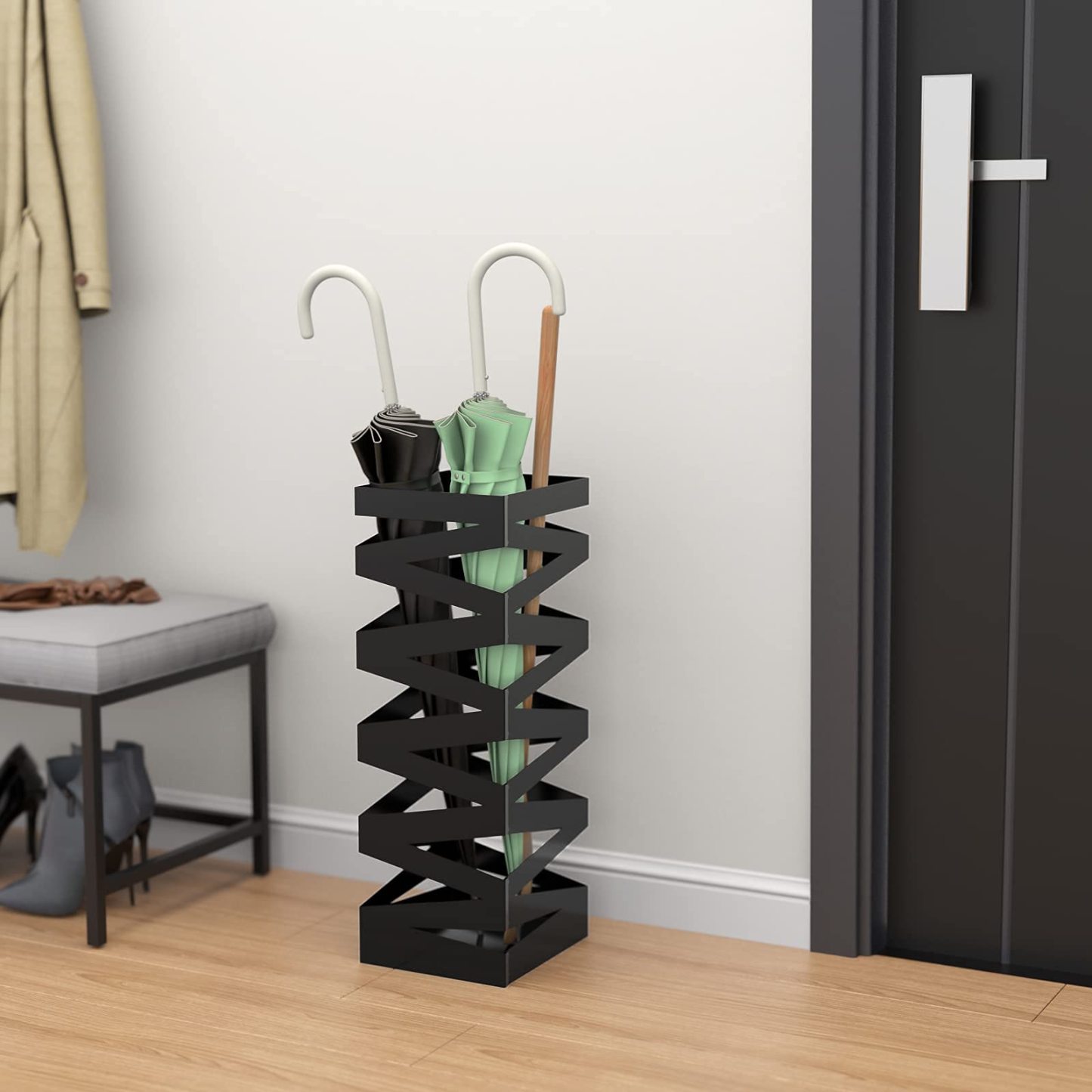 傘立て かさたて アンブレラスタンド おしゃれ スリム 傘入れ かさラック 傘/靴ベラ収納 レインラック シンプル 傘置き 玄関収納 倒れにくい 錆止め コンパクト ブラック 幅17x奥行き17x高さ49cm