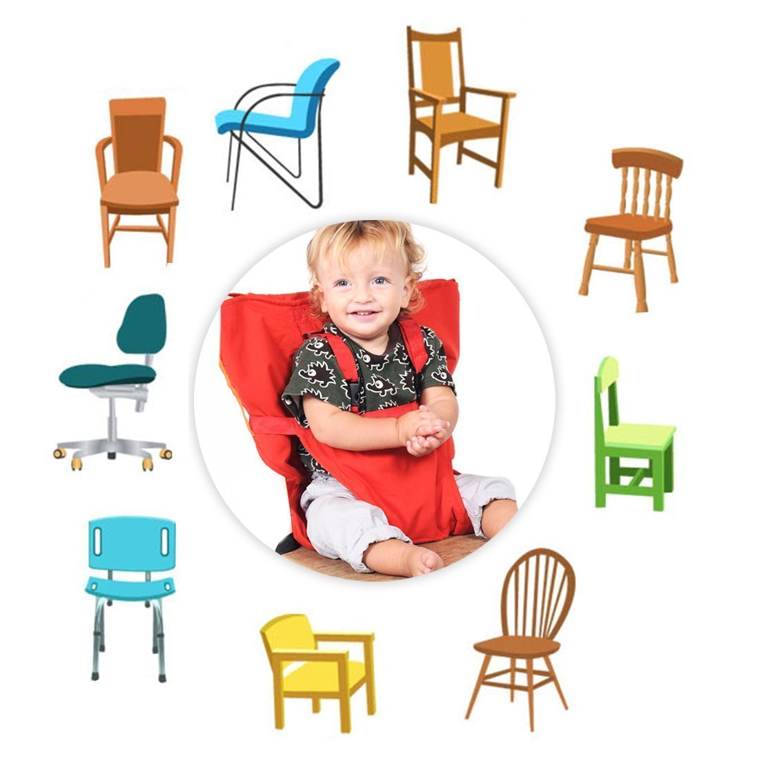 DEWEL ベビーチェアベルト 布製 コンパクトに収納 携帯便利 軽量 230g 収納ポケット付き 汚れにくい 携帯型食事 幼児旅行の安全 ベビーチェア小物 濃いブルー