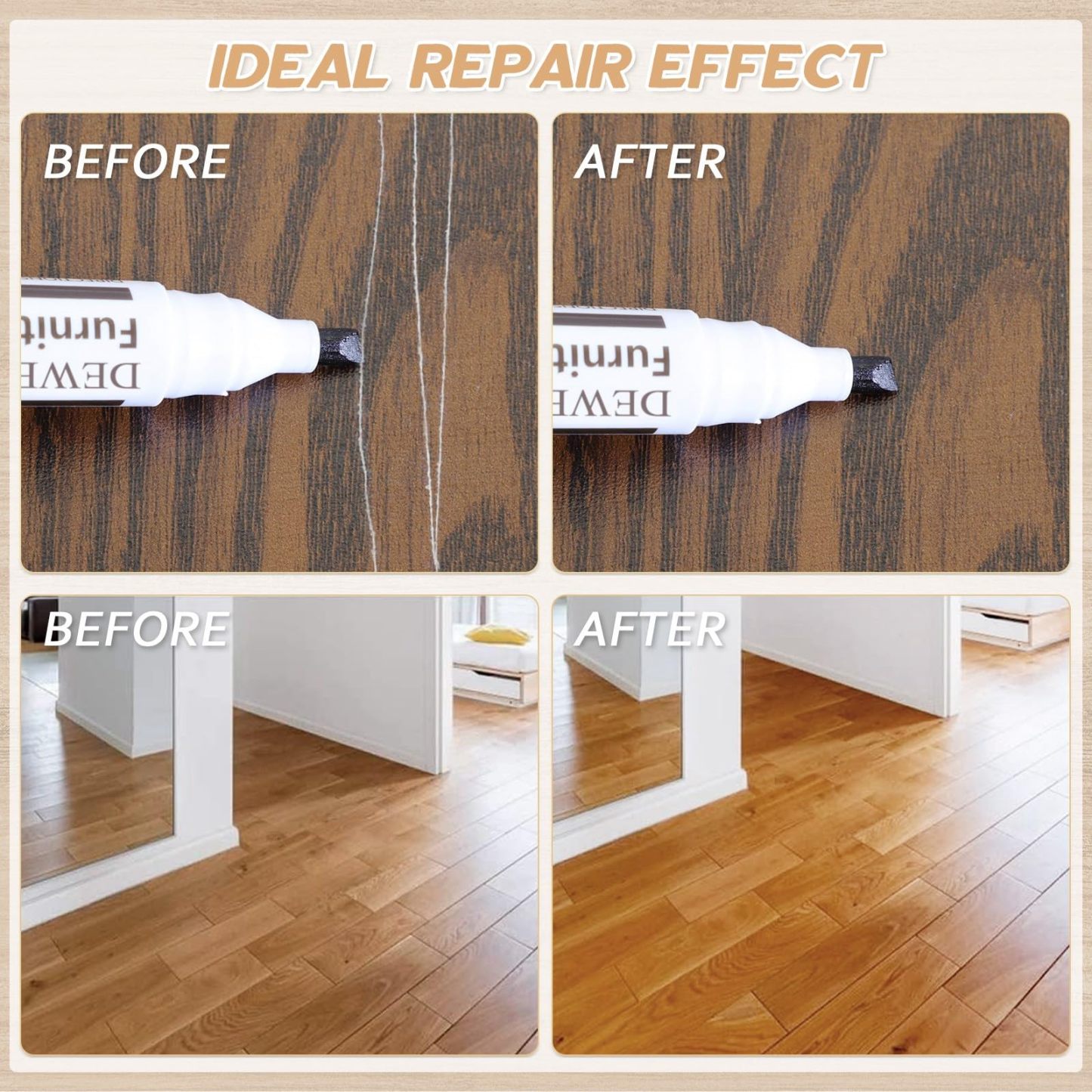 DEWEL 木製品キズ補修セット フローリング補修 家具補修 18色補修ペン フローリング 床 ドア キズ隠し ネジ穴、ひび割れ、釘目、傷、焼灼、変色など補修 ウッドワックス付き 木製家具補修