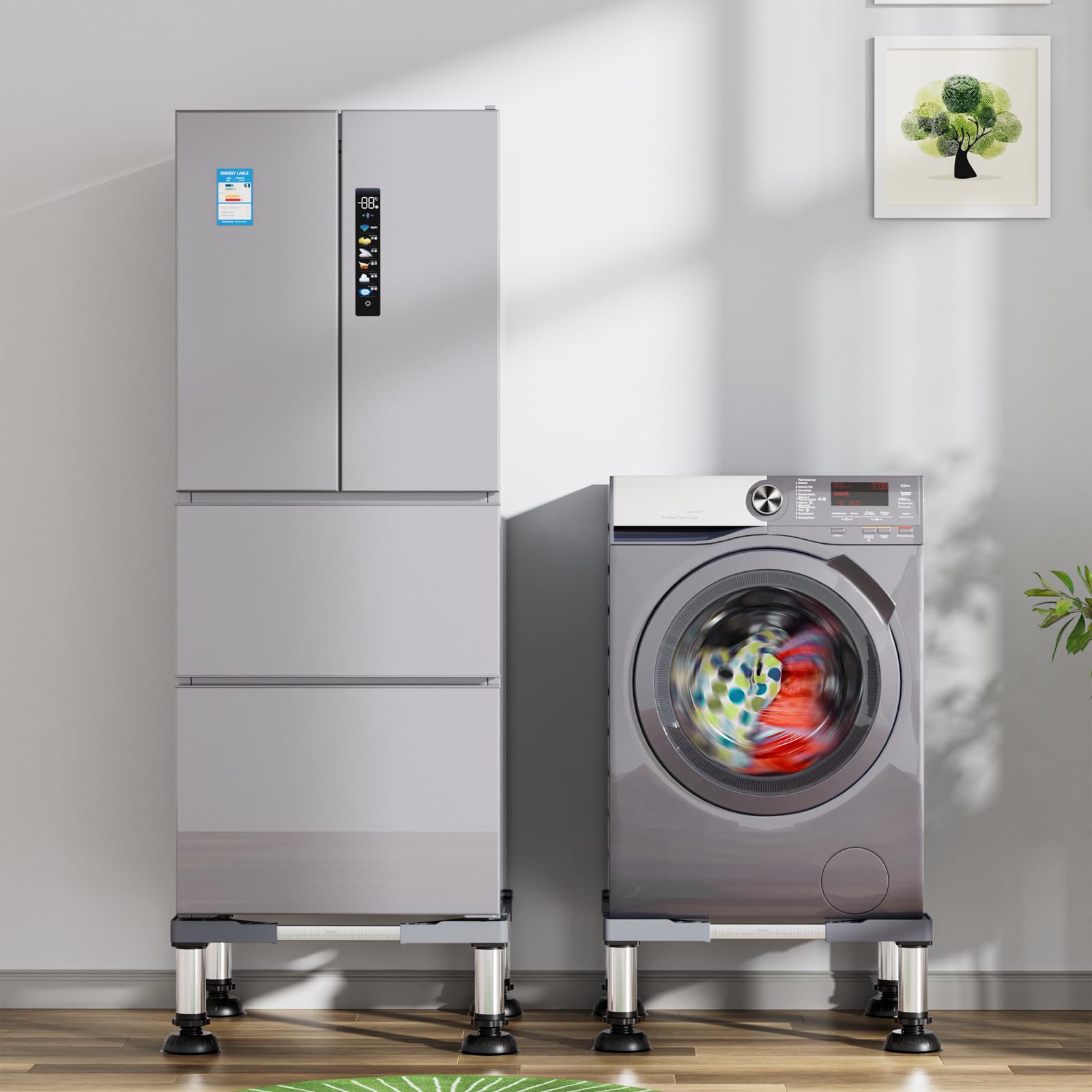 洗濯機 台 冷蔵庫置き台 17-22CM高度調節 DEWEL 大吸盤 増大増高ジャッキ付き 耐荷重約500kg かさ上げ台 高さ調節 伸縮式 幅/奥行44.8～69cm 減音防振 安定性が高い ステインレス製 防振パッド付き