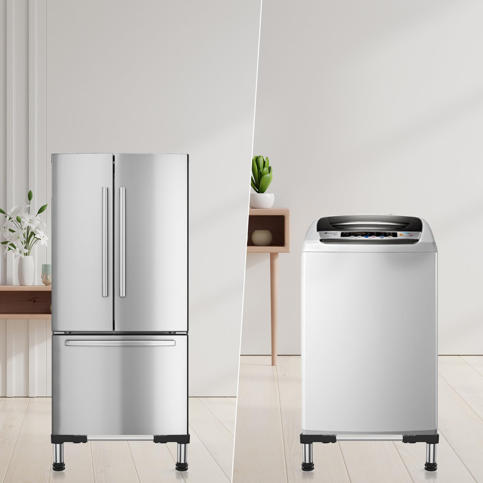 冷蔵庫 置き台 4足 超大サイズ 大きなサイズ対応 DEWEL かさ上げ台 伸縮式 高さ調整 縦型ドラム式洗濯機にも対応 騒音対策 異音振動軽減 防振パッド 3年保証