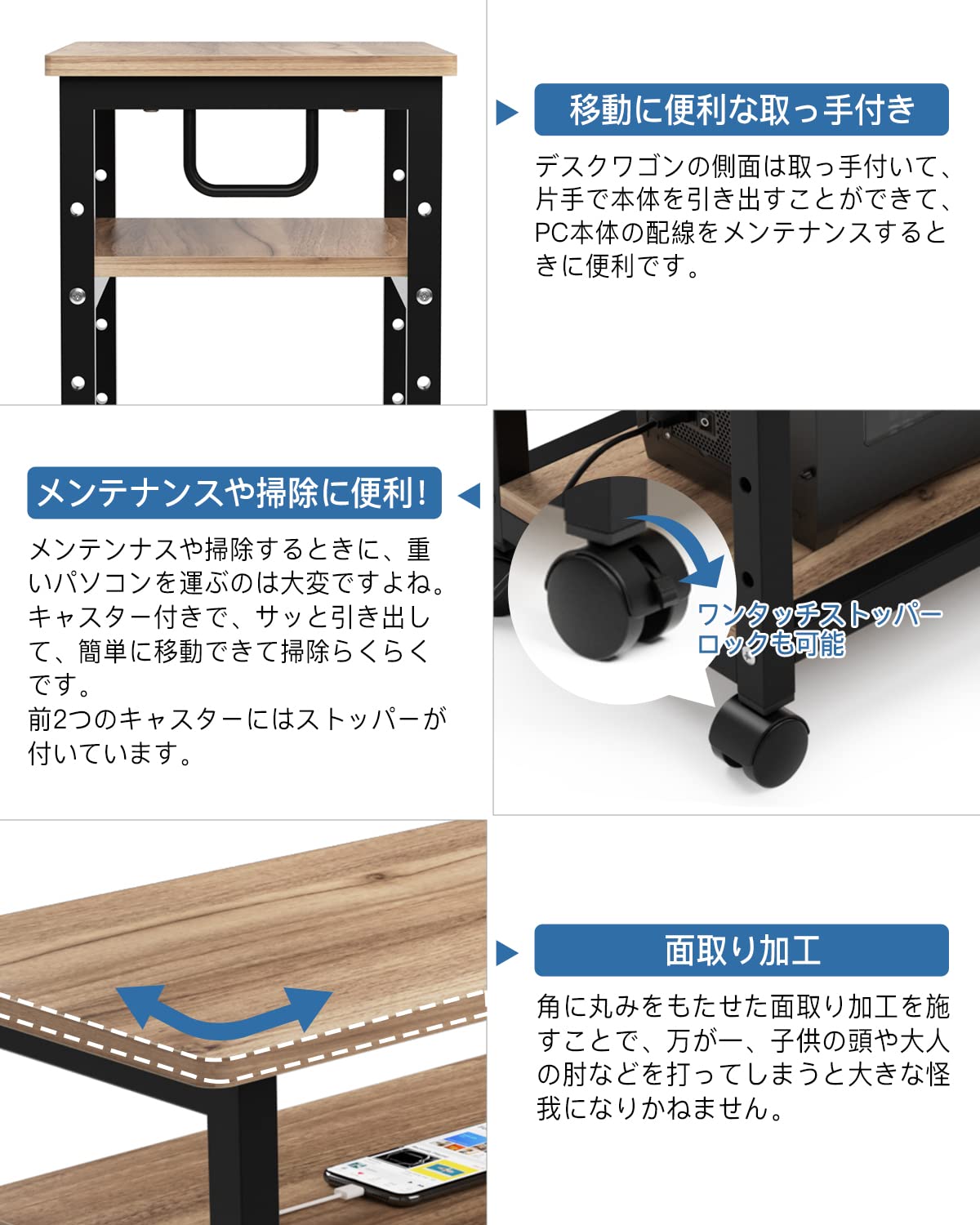 DEWEL パソコンワゴン デスクワゴン 3段 木製 pcワゴン キャスター付き 取っ手付き 収納棚 サイドデスク 棚板高さ調節可能 オフィス収納 サイドワゴン 組立品 幅60×奥行30×高さ70cm 一年保証 (ライトブラウン)