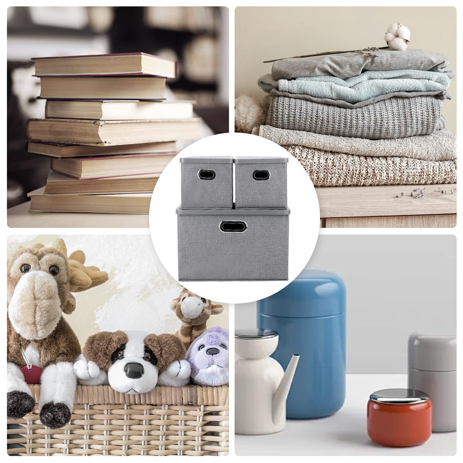 DEWEL 収納ボックス 折りたたみ式 3枚組 収納ケース 不織布 防塵 大容量 多機能 おもちゃ収納 小物入れ 上に蓋付き グレー