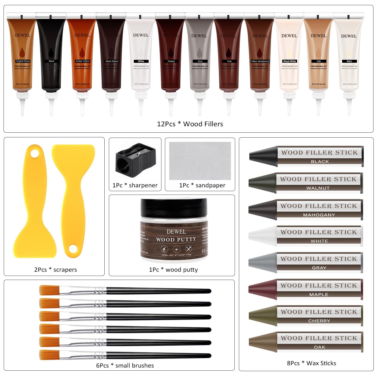 DEWEL 木製品キズ補修セット フローリング補修 家具補修 8色補修棒 12色補修クリーム ウッドパテ フローリング 床 ドア補修 キズ隠し ネジ穴、ひび割れ、釘目、傷、焼灼、変色など補修 サンドペーパー/スクレーパー/ブラシ/芯削り器付き