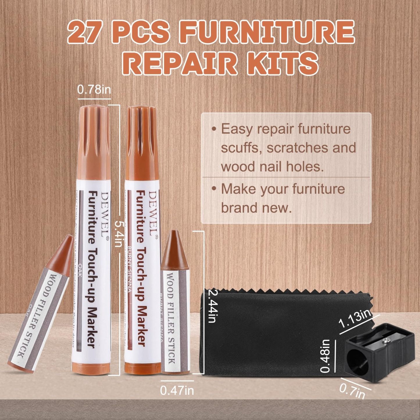DEWEL 木製品キズ補修セット 家具 補修ペン 家具補修マーカー フローリング補修 12色補修ペン 12色補修棒 床 ドア剥がれ 棚 家具補修 キズ隠し ひび割れ、傷、焼灼、変色など補修 芯削り器付き 24本セット 家具の傷、汚れ用