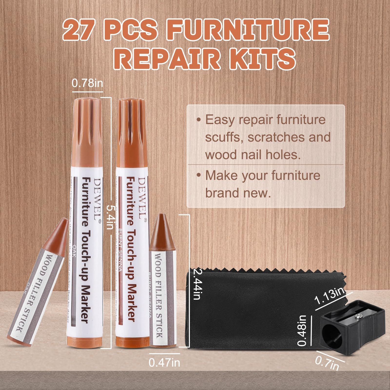 DEWEL 木製品キズ補修セット 家具 補修ペン 家具補修マーカー フローリング補修 12色補修ペン 12色補修棒 床 ドア剥がれ 棚 家具補修 キズ隠し ひび割れ、傷、焼灼、変色など補修 芯削り器付き 24本セット 家具の傷、汚れ用