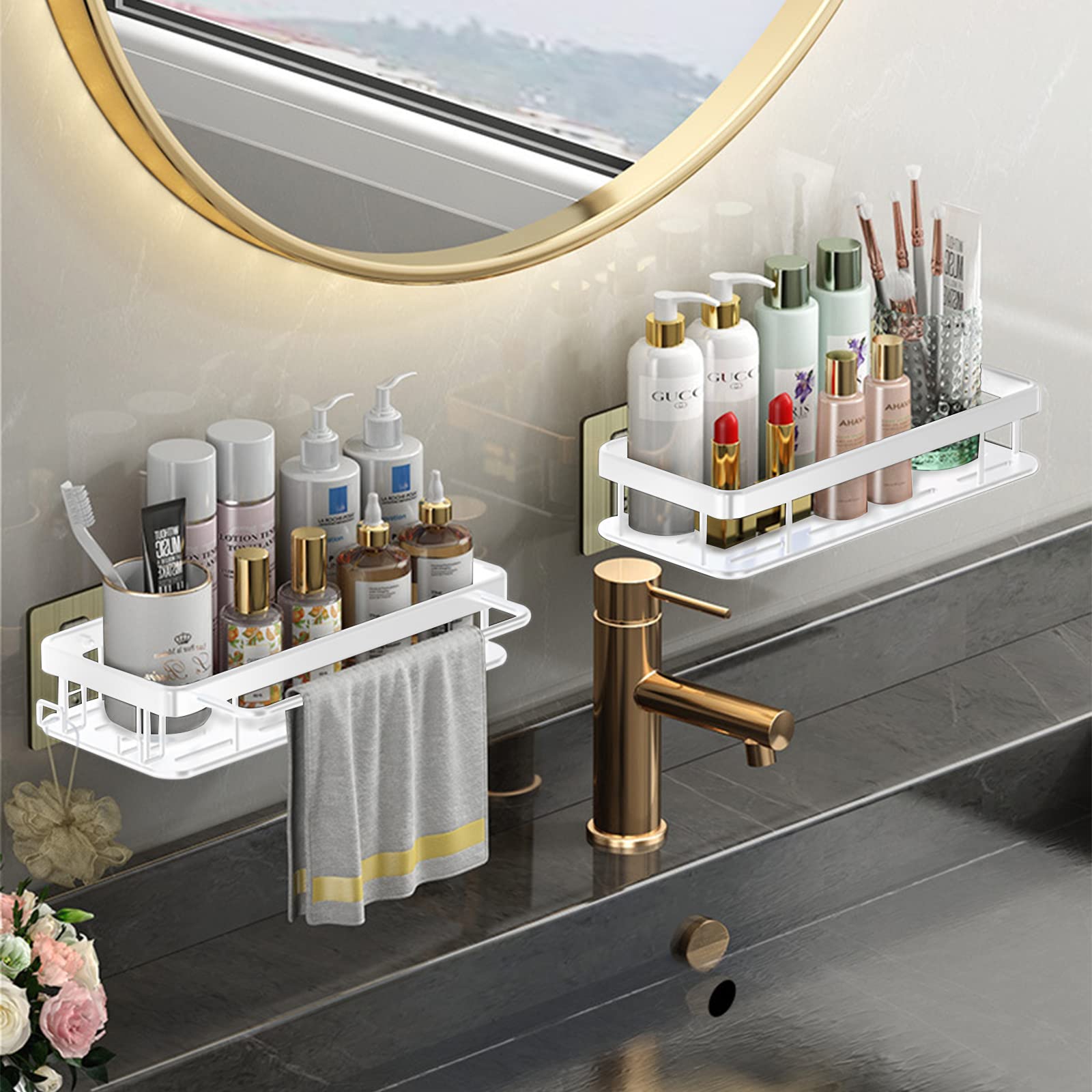 DEWEL 浴室用ラック 風呂場 洗面所収納壁掛け棚 強力粘着固定 ステンレス シャワーラック 水切り 収納ラック 耐加重5KG