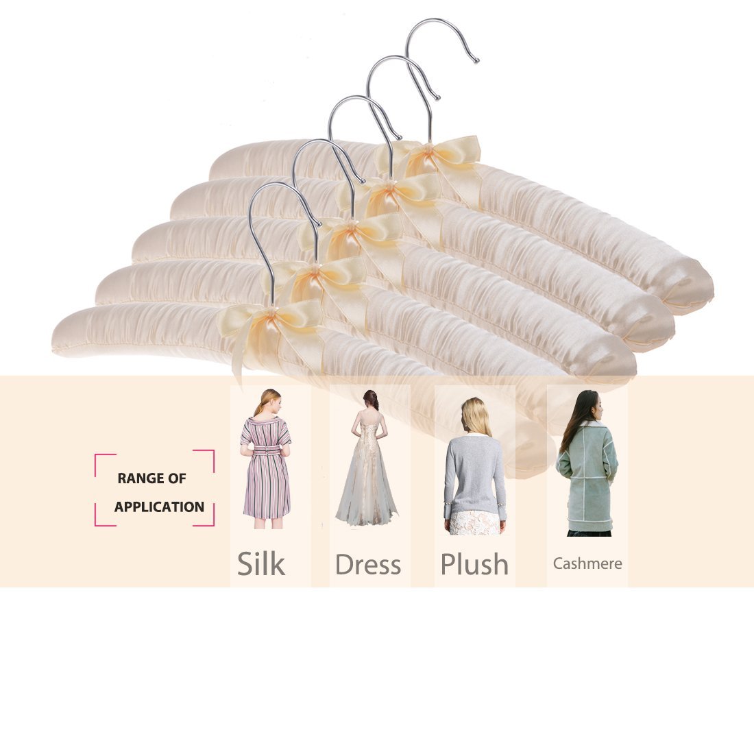 DEWEL スポンジハンガー サテンハンガー 布ハンガー 布製 シルク リボン付き ふっくらハンガー 衣類収納 たんす用 クローゼット ディスプレイ用 ホテルアメニティ 家庭用 客間 ５本セット (ベージュ)