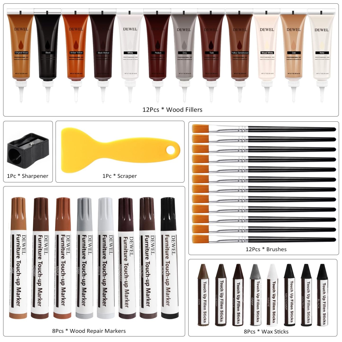 DEWEL 木製家具修理キット、アップグレード木材フィラー、ワックススティック付き家具タッチアップマーカー、傷、ひび割れ、穴、ラミネート、テーブル、ベッドポスト用の床タッチアップキット42個