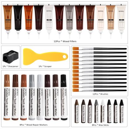 DEWEL 木製家具修理キット、アップグレード木材フィラー、ワックススティック付き家具タッチアップマーカー、傷、ひび割れ、穴、ラミネート、テーブル、ベッドポスト用の床タッチアップキット42個