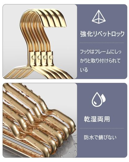 DEWEL ハンガー アルミニウム合金 メタル 衣類ハンガー 厚い 滑り止め 跡なし 洗濯ハンガー 家庭用 スーツハンガー インナー スカート ホテル用 厚い 洋服ハンガー ジャケット 壁掛け 10本セット (ゴールド)