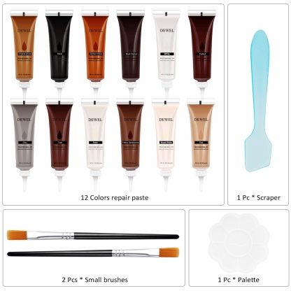 DEWEL 木製品キズ補修セット フローリング補修 フローリング 床 ドア 家具補修 キズ隠し ネジ穴、ひび割れ、釘目、傷、焼灼、変色など補修 パレット/スクレーパー/ブラシ付き