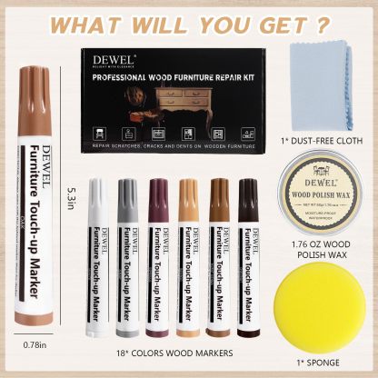 DEWEL 木製品キズ補修セット フローリング補修 家具補修 18色補修ペン フローリング 床 ドア キズ隠し ネジ穴、ひび割れ、釘目、傷、焼灼、変色など補修 ウッドワックス付き 木製家具補修