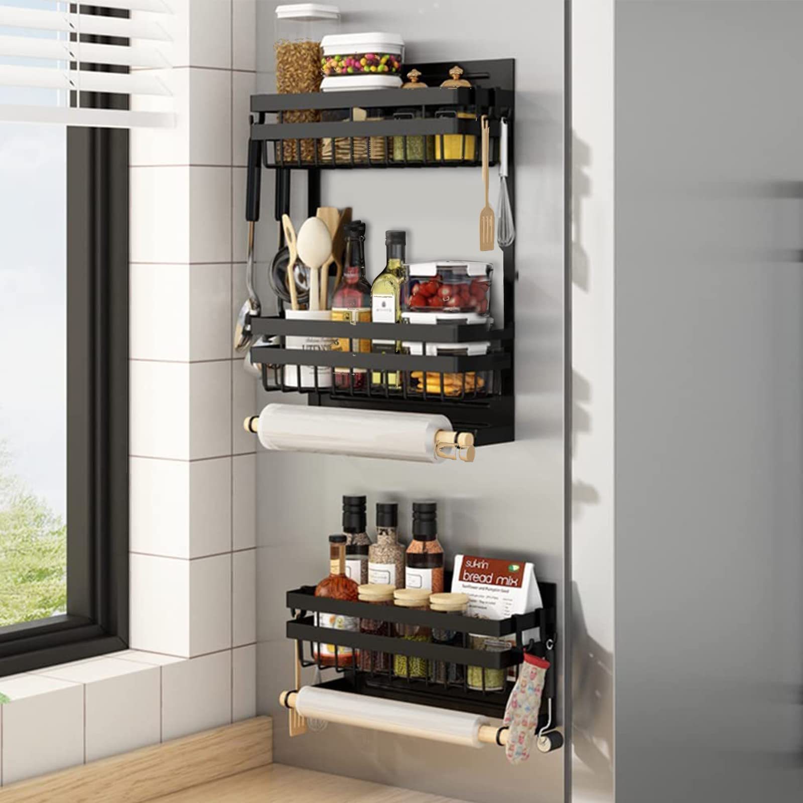 DEWEL 冷蔵庫ラック 洗濯機収納ラック マグネットラック 調味料ラック 冷蔵庫 洗濯機壁収納ラック ブラック 耐加重 10KG 3層