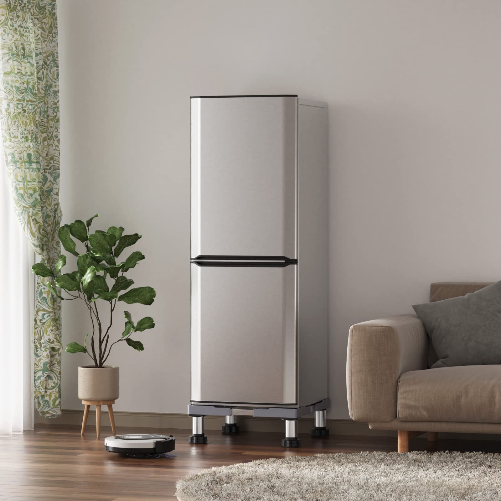 洗濯機 台 DEWEL 冷蔵庫置き台 13~17CM高度調節 増大増高ジャッキ付き 耐荷重約500kg かさ上げ 高さ調節 伸縮式 幅/奥行44.8～69cm 減音防振 昇降可能 4足 ステインレス製 防振パッド付き