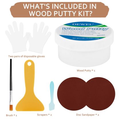 DEWEL 木工パテ 穴埋めパテ パテ 198g ウッドパテ 木材補修用パテ 補修パテ 木製テーブル、戸棚、床、ドアの亀裂など補修 フローリング 補修 ブラシ付き スクレーパー付き サンドペーパー付き 手袋付き